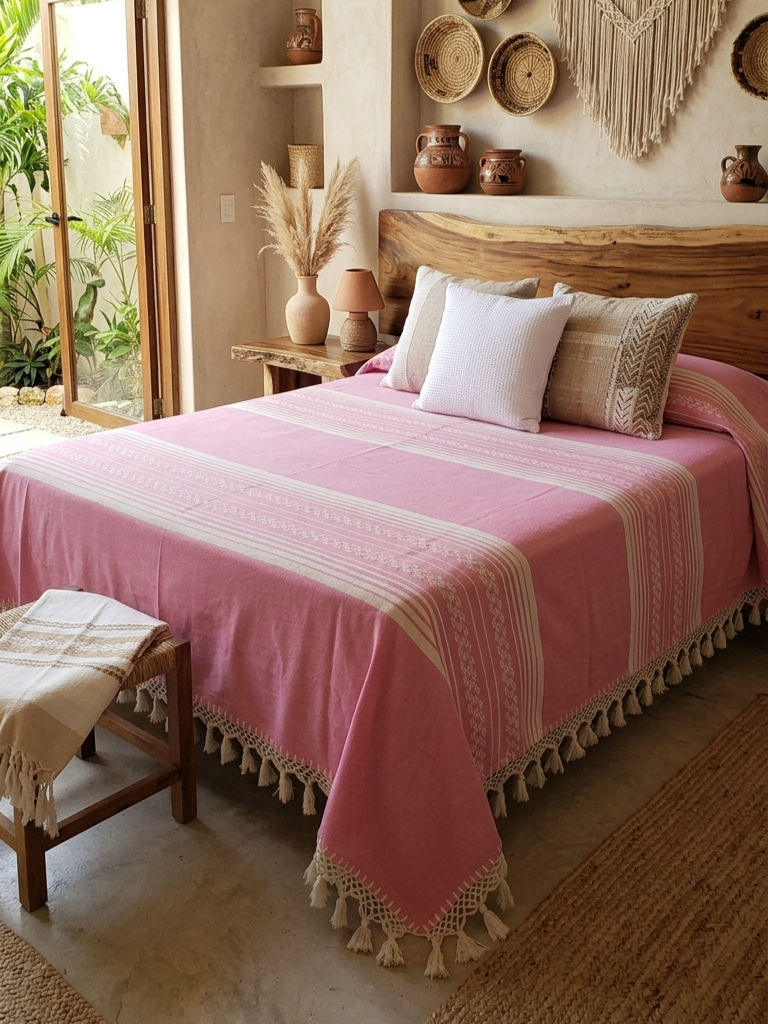 Colcha Rosa Claro con Franjas Decorativas Blancas - Sobrecama y Cubrecama