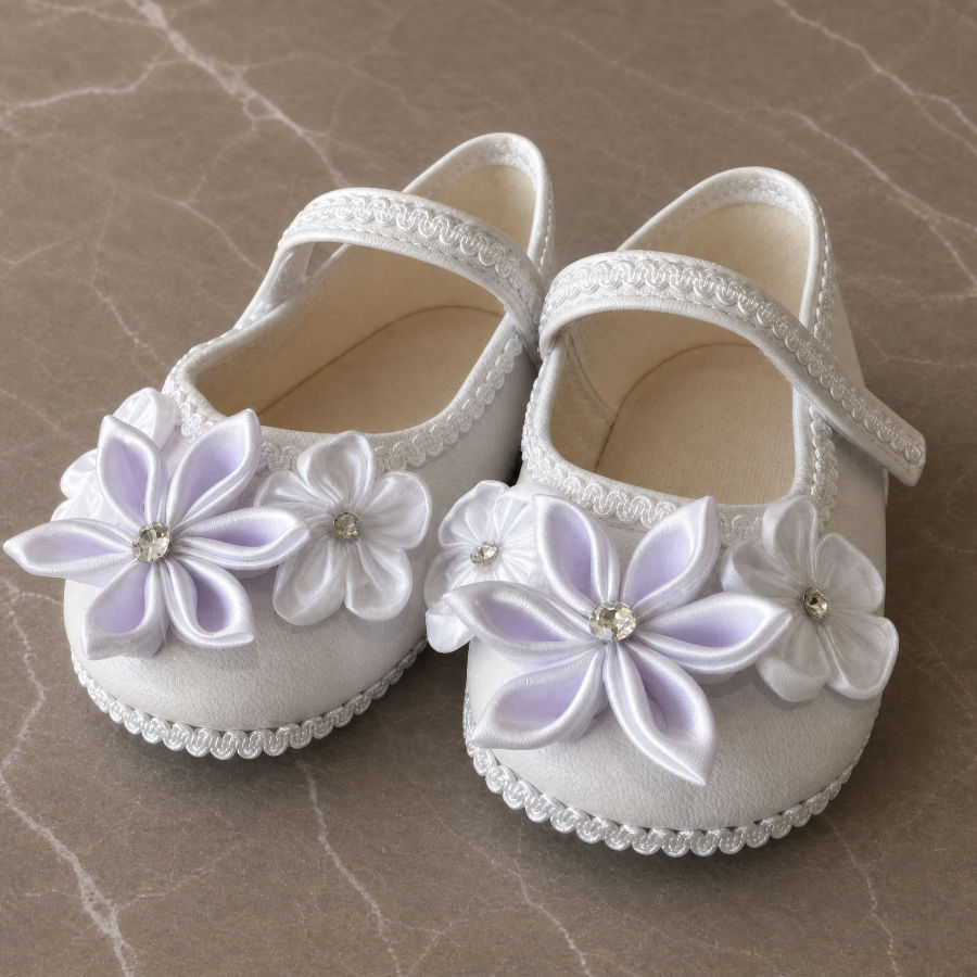 Zapatos de Bautizo para Niña de Piel Beige con Flores 3D Blancas y Cristales