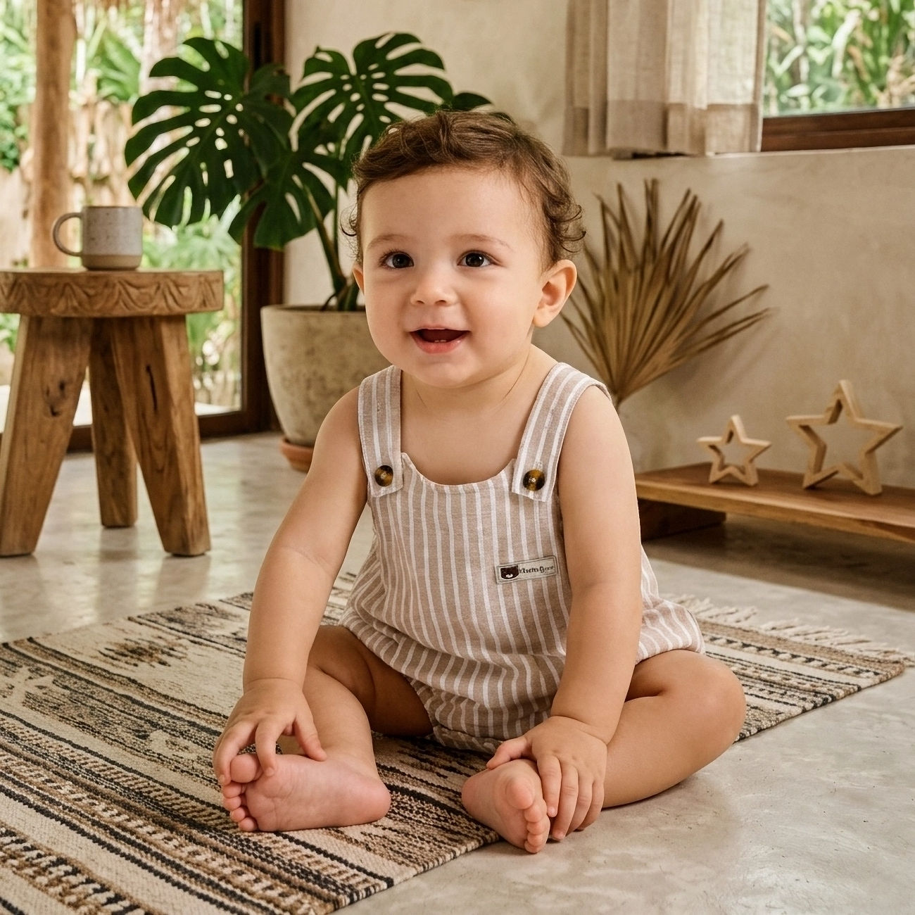 Ranita de Algodón 100% para Bebé con Tirantes Beige y Blancos