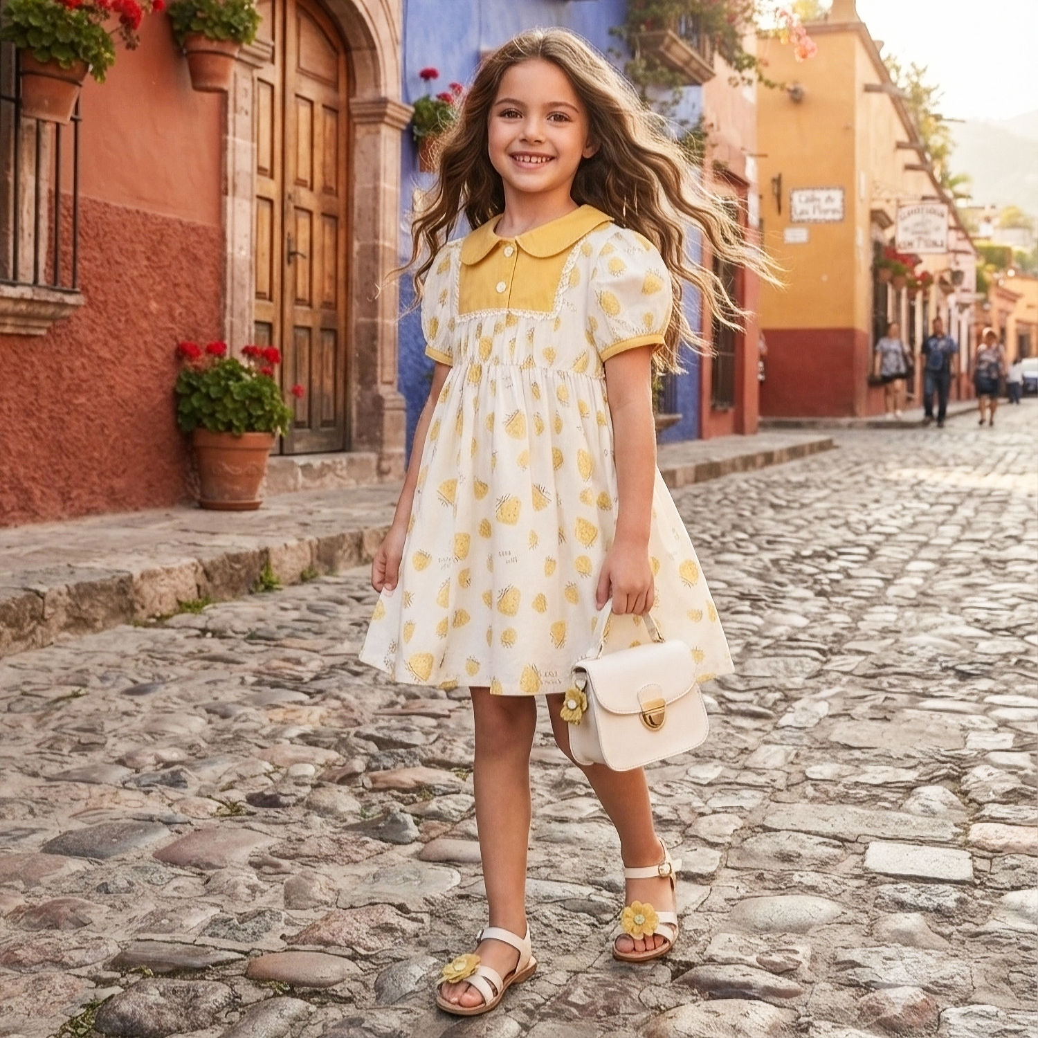 Vestido para Niña de Algodón con Fresas Amarillas y Cuello Bebé