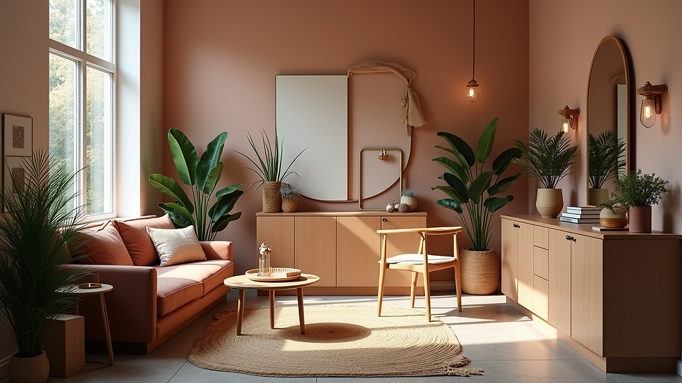 Eye-level view of a cozy salon interior with stylish decor