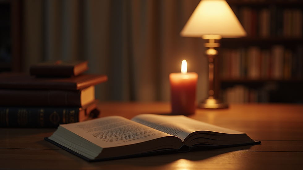Eye-level view of a serene study space with books and a candle