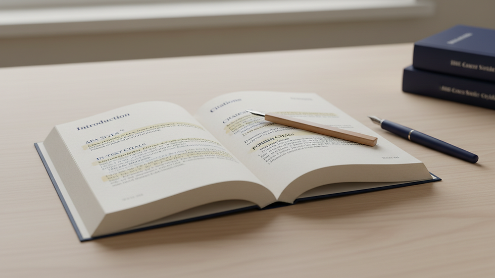 Close-up view of a printed academic style guide with highlighted text