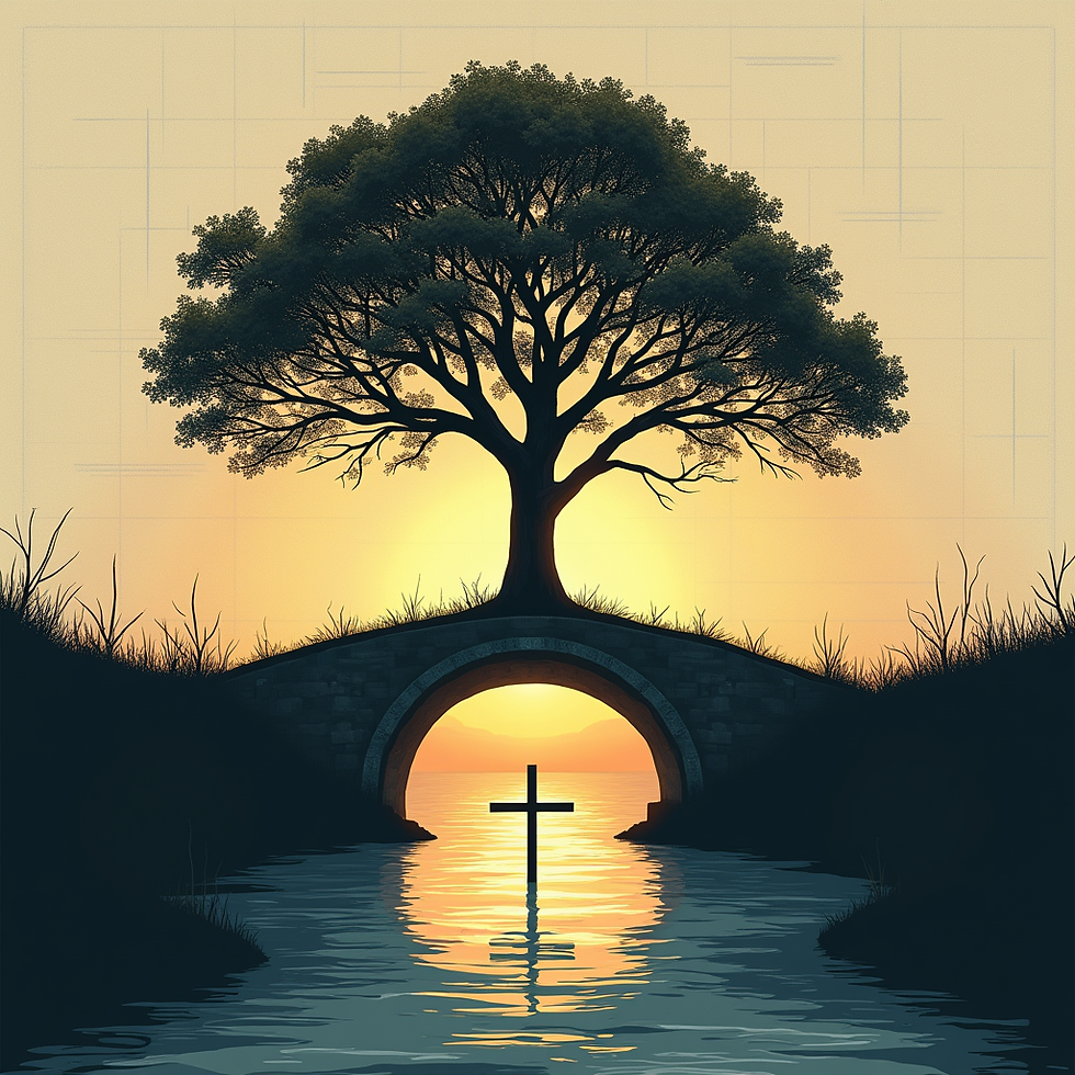 Cross beneath bridge and Tree of Life against sunset