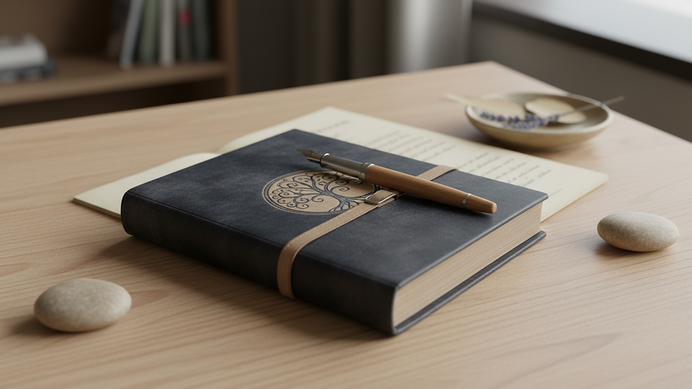 Close-up view of a leather-bound journal on a wooden desk