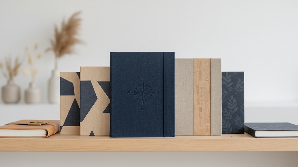 Eye-level view of a collection of journals with different covers on a shelf