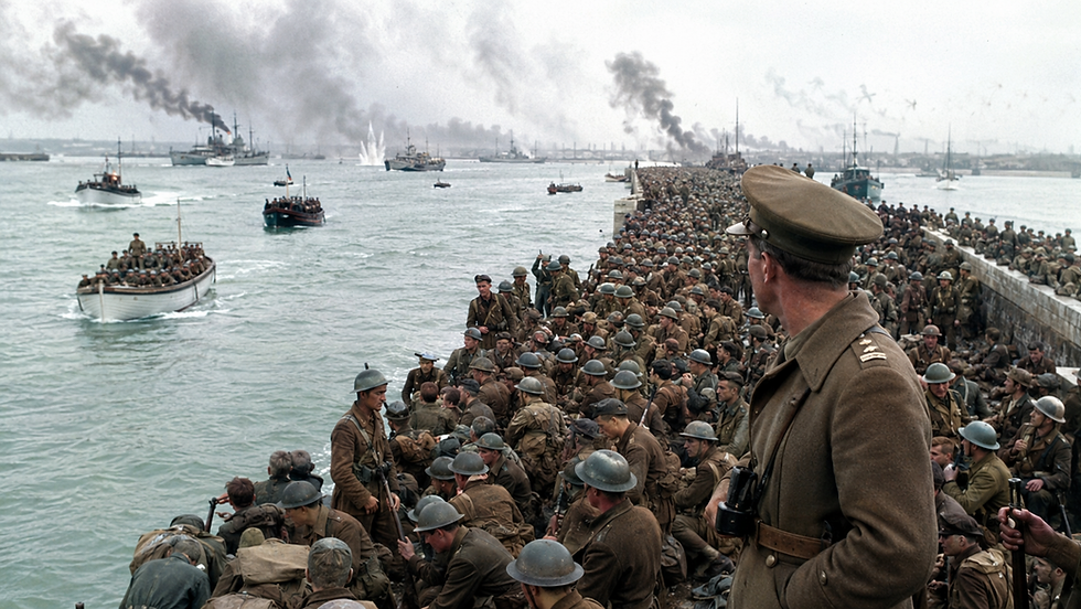Historic photograph of soldiers waiting on the beaches of Dunkirk during the 1940 evacuation, symbolizing crisis leadership and collective resolve.
