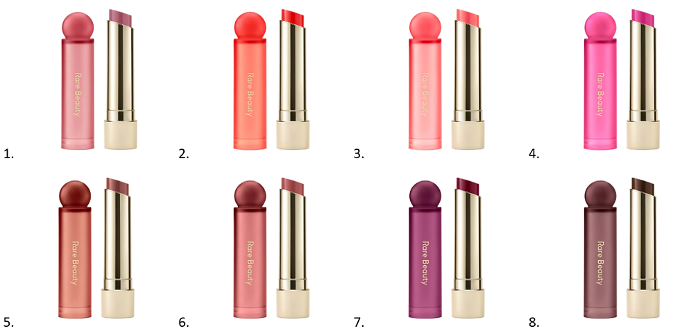Oito batons Rare Beauty em tons rosados, vermelhos e vinho, lado a lado sobre fundo branco, numerados de 1 a 8.