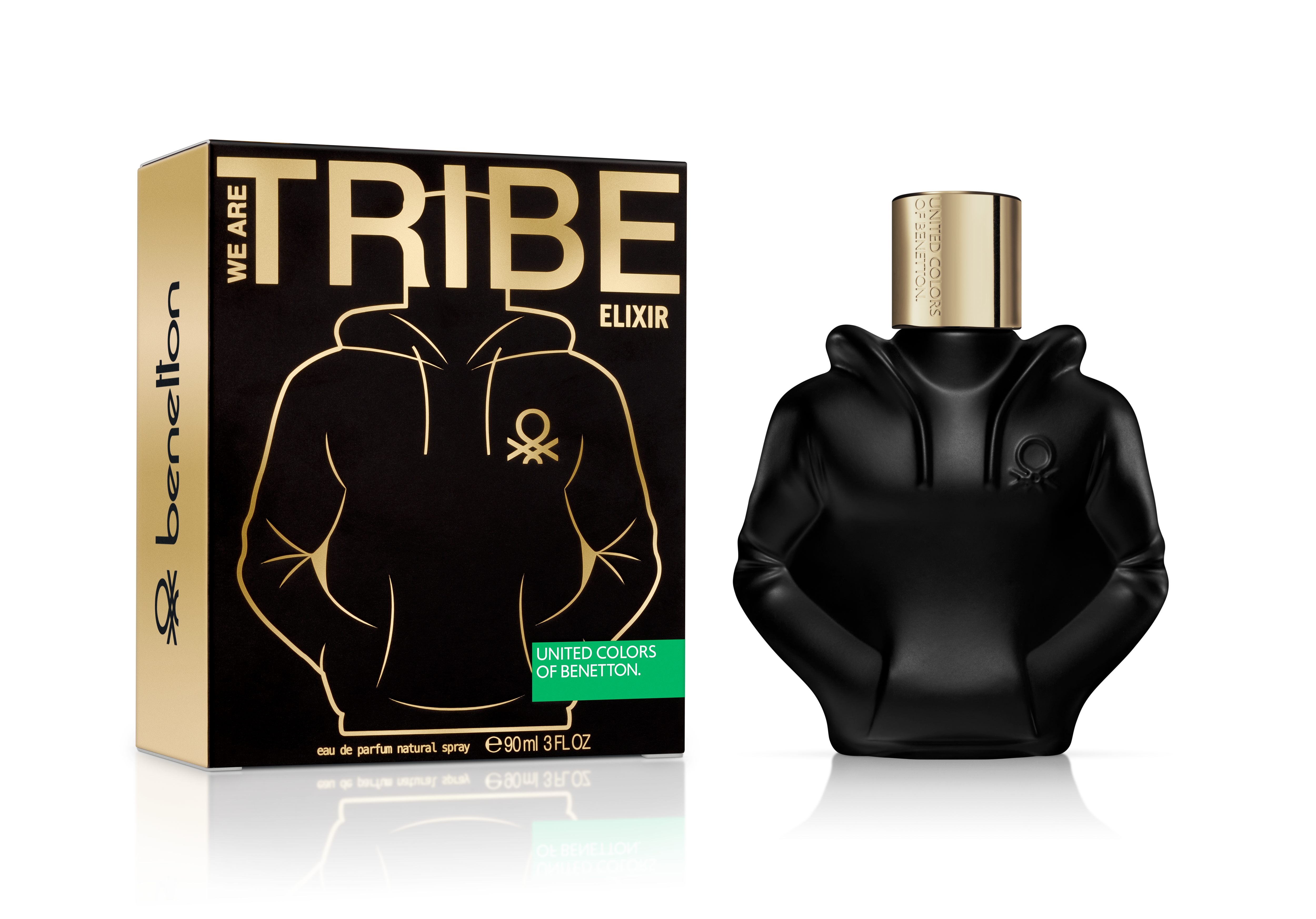 Caixa e frasco do perfume Tribe Elixir da United Colors of Benetton, preto e dourado, sobre fundo preto, com reflexo.