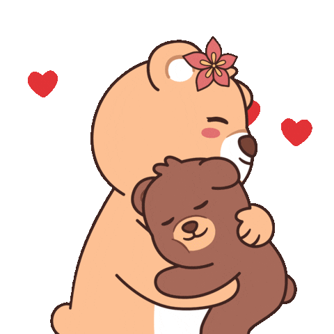 Ursa e filhote juntos com corações vermelhos ao fundo