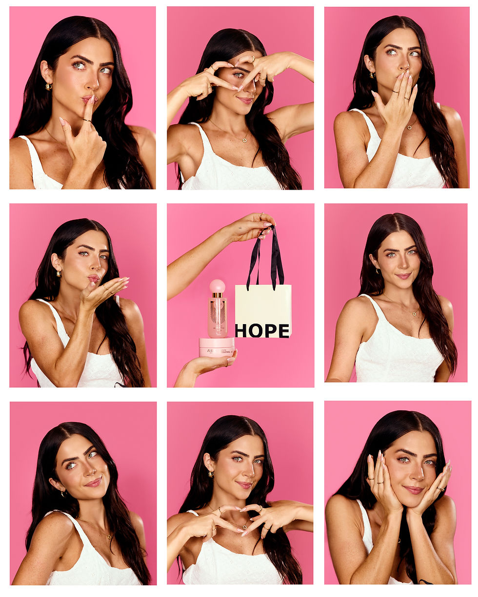 Colagem de mulher em poses divertidas com produtos de beleza rosa e sacola HOPE, sobre fundo rosa vibrante.