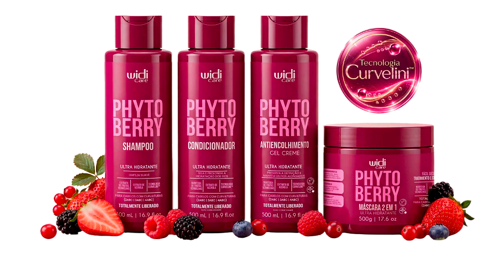 Quatro frascos rosa Widi Care Phyto Berry e máscara, com frutas vermelhas e selo Tecnologia Curvelini em fundo preto.