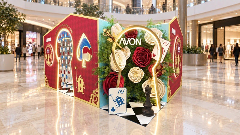 Instalação da Avon em shopping, com cartas gigantes vermelhas, flores, luzes, xadrez e peça de xadrez no piso brilhante.