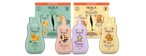 Quatro frascos e duas caixas Skala Baby, com Sálvia, Lavanda e Camomila, em fundo preto e faixa Preço especial.