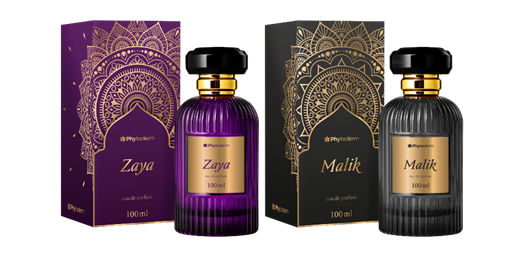 Duas caixas e frascos de perfume, Zaya roxo e Malik preto, com detalhes dourados em fundo escuro.