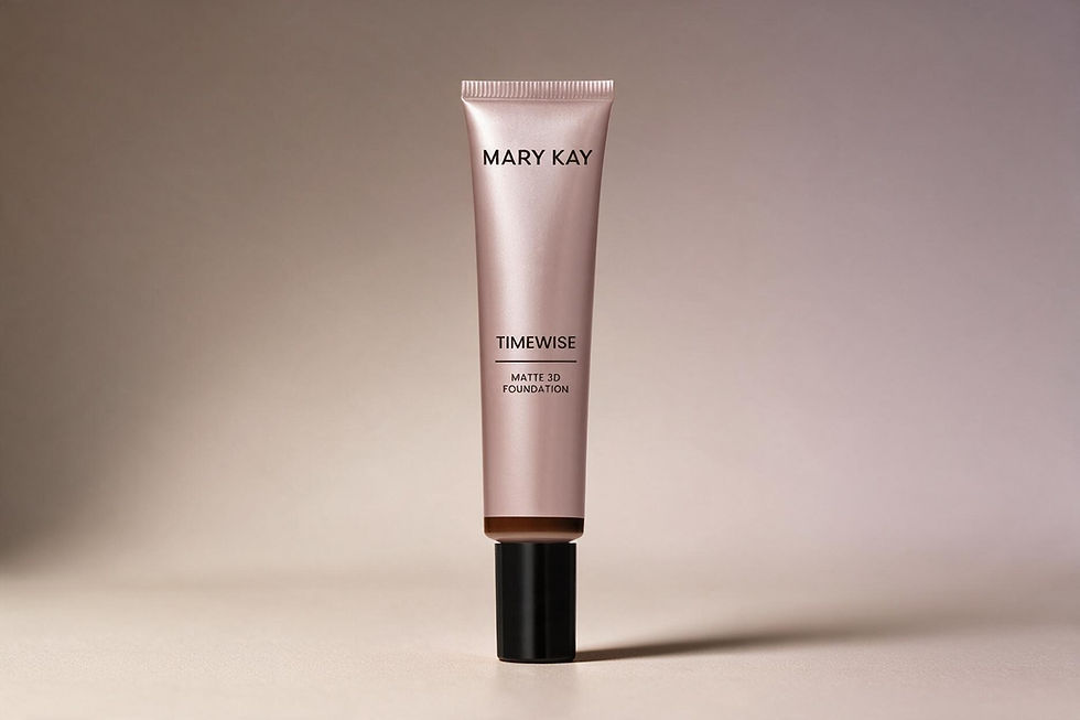 Tubo rosé de base Mary Kay TimeWise Matte 3D com tampa preta, em fundo bege suave e minimalista.