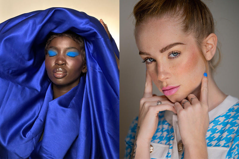 Duas mulheres em retratos de moda: uma envolta em seda azul com sombra azul; outra loira, com batom rosa e dedos no rosto.