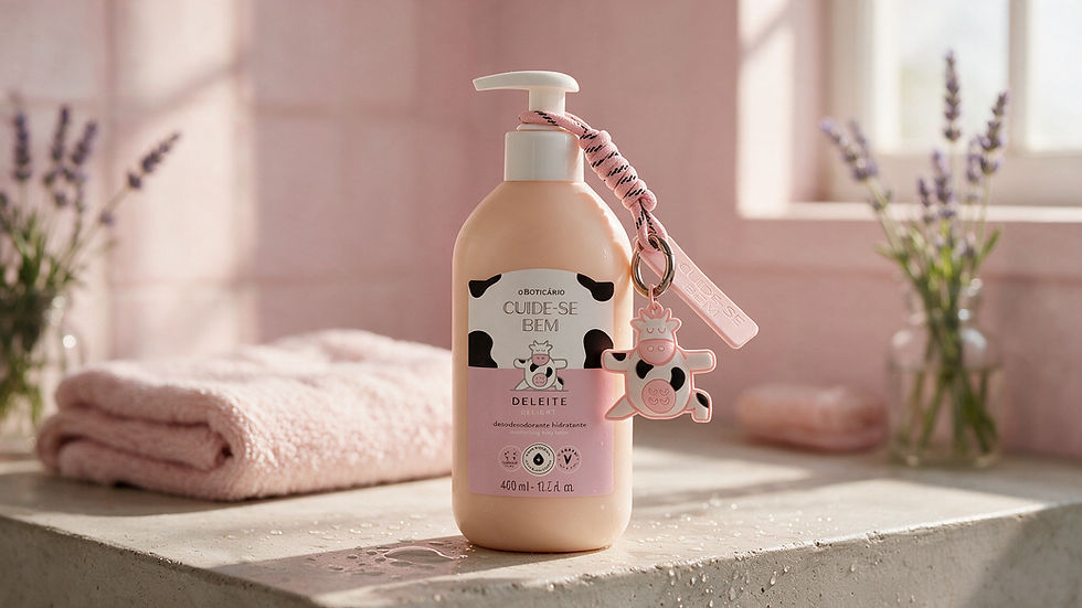 Frasco rosa de hidratante O Boticário Cuida-se Bem Delight com chaveiro de vaquinha, sobre bancada em banheiro claro.