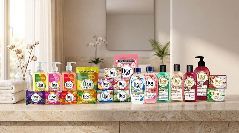 Linha de sabonetes e refis Flor de Ypê alinhados sobre bancada em banheiro claro, com toalhas e plantas ao fundo.