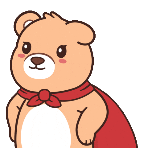 Urso claro sorrindo com capa vermelha sobre fundo azul claro