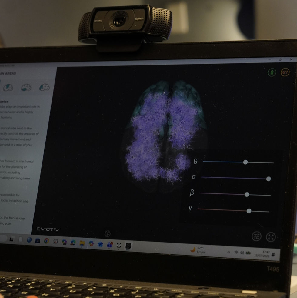 Webcam sobre laptop exibindo app com mapa cerebral roxo e sliders θ, α, β, γ em fundo escuro.