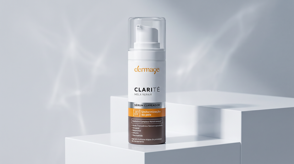 Frasco branco de sérum Dermage Clarity Mela Repair sobre pedestal branco, com luz suave e rótulo laranja e marrom.