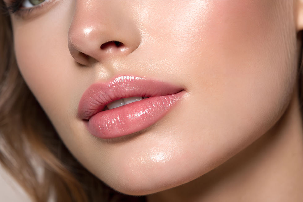 Close-up do rosto de uma mulher, com lábios rosa brilhantes e pele iluminada, em expressão suave e sensual.