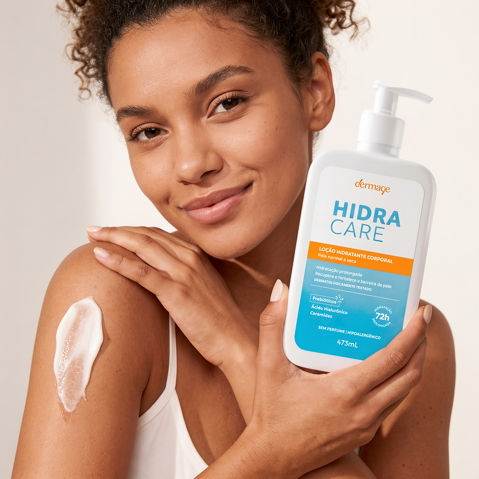 Mulher sorridente com creme no ombro segura frasco de loção Hidra Care em fundo claro.