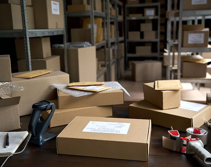 Distribution warehouse background, commercial shipping order boxes for dispatching on stoc