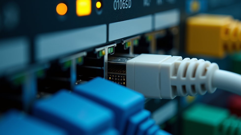 Close-up view of a network switch with connected cables