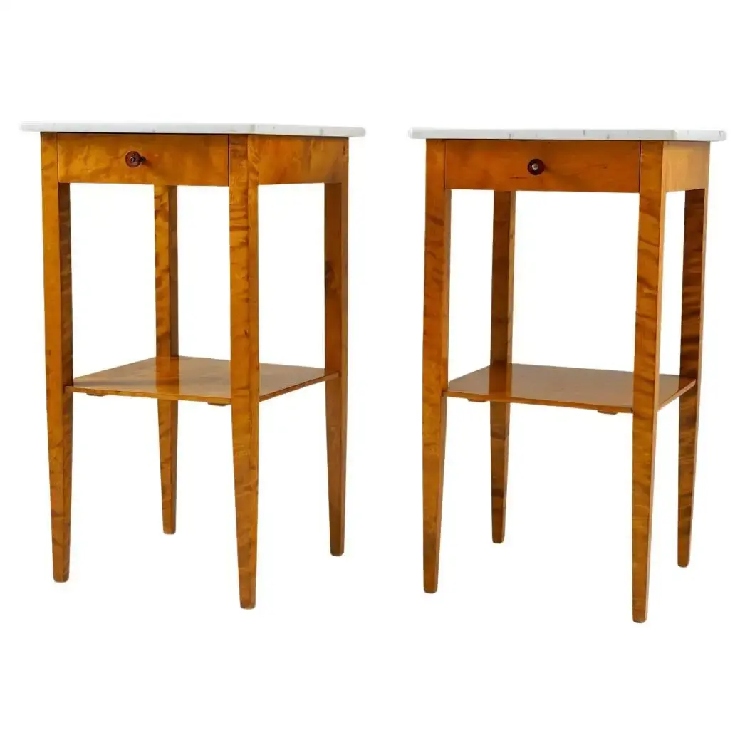 Pair of Swedish Birch and Marble Bedside Tables