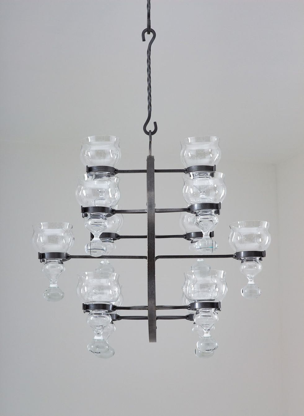 Thumbnail: Swedish Iron and Glass Hanging Candelabra / Chandelier by Bertil Vallien