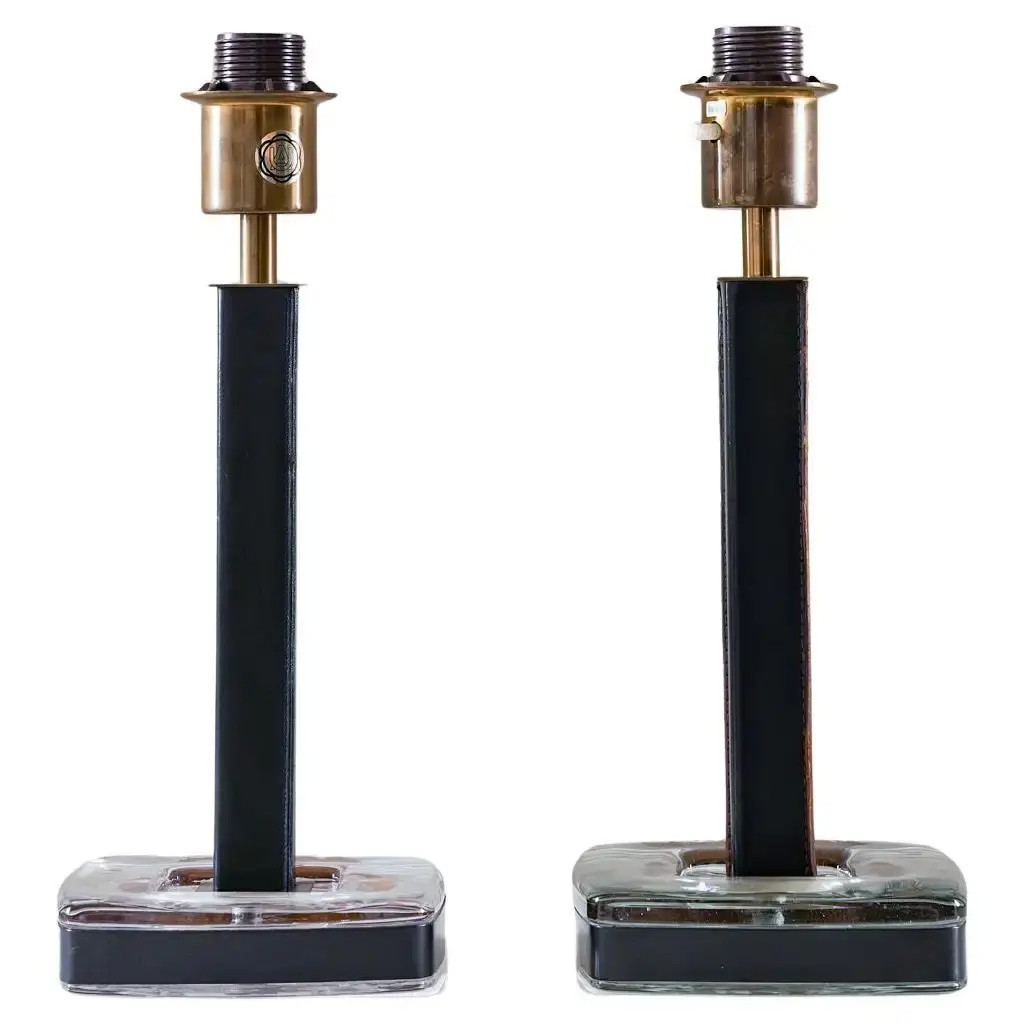 Pair of Mid-Century Swedish Table Lamps in Glass and Leather