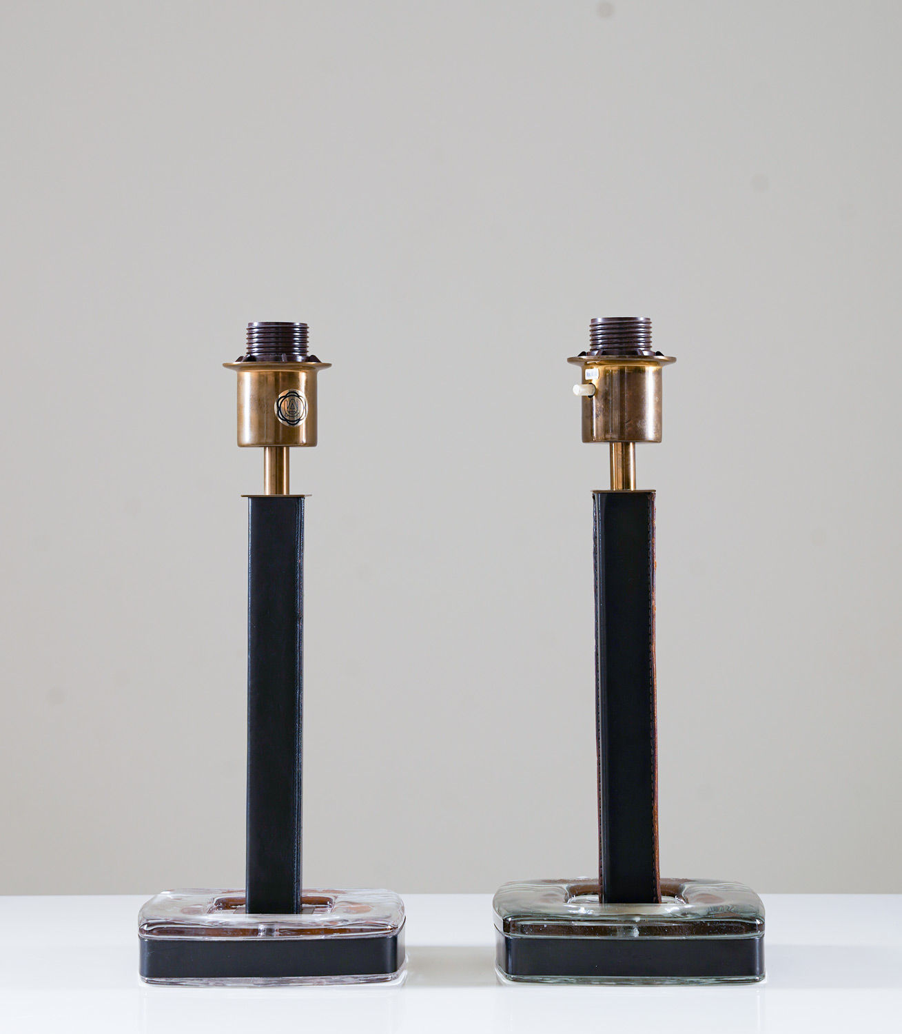 Pair of Mid-Century Swedish Table Lamps in Glass and Leather
