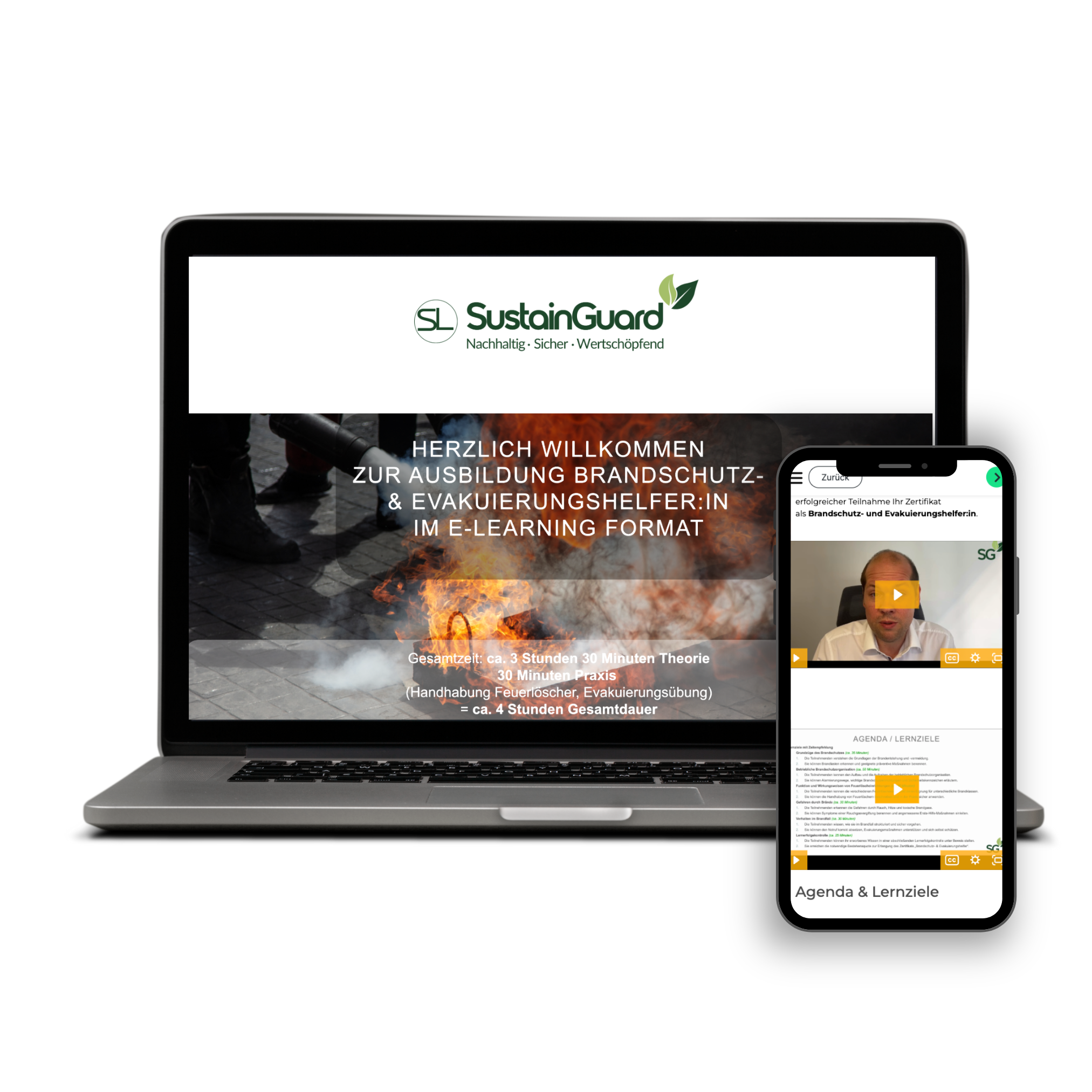 Laptop und Smartphone zeigen SL SustainGuard, Brandschutz- und Erste Hilfe Kurse im E-Learning Format.