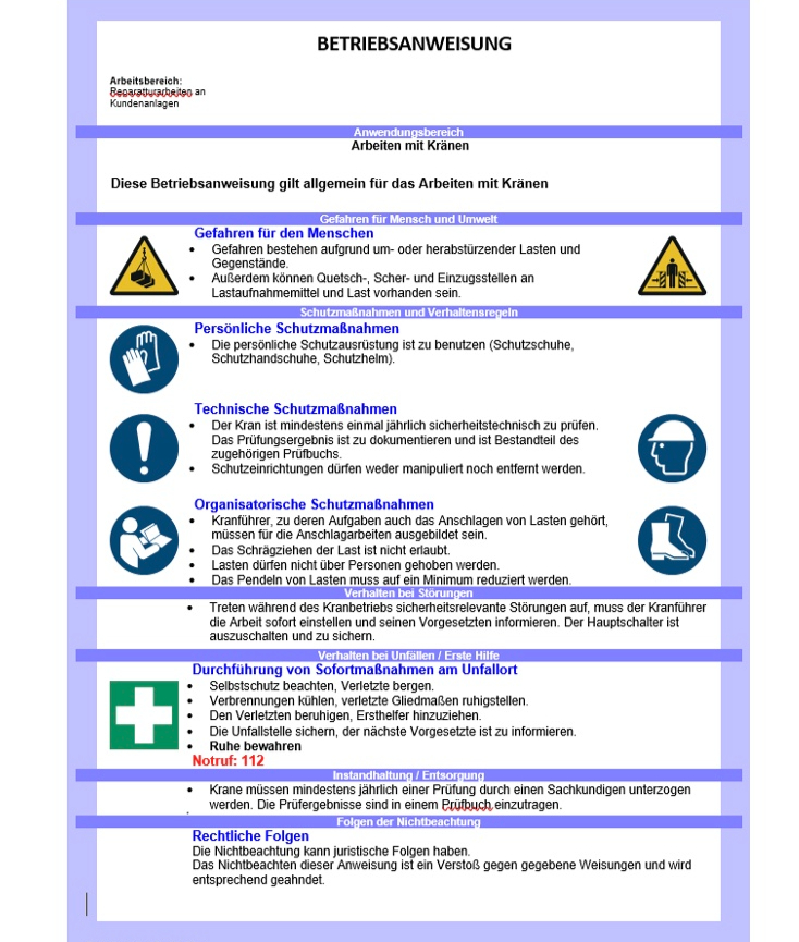 Sicherheitsbestimmungen warning sign with text and symbols, providing general safety guidelines.
