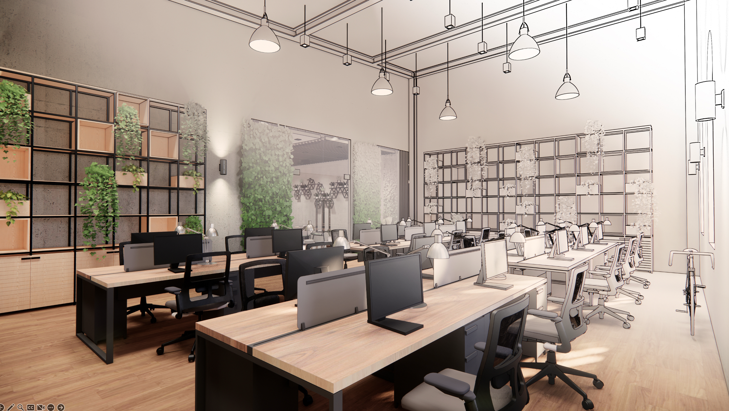 Büro mit Schreibtischen, Computern, Pflanzen und natürlichem Licht. Start im modernen Workspace