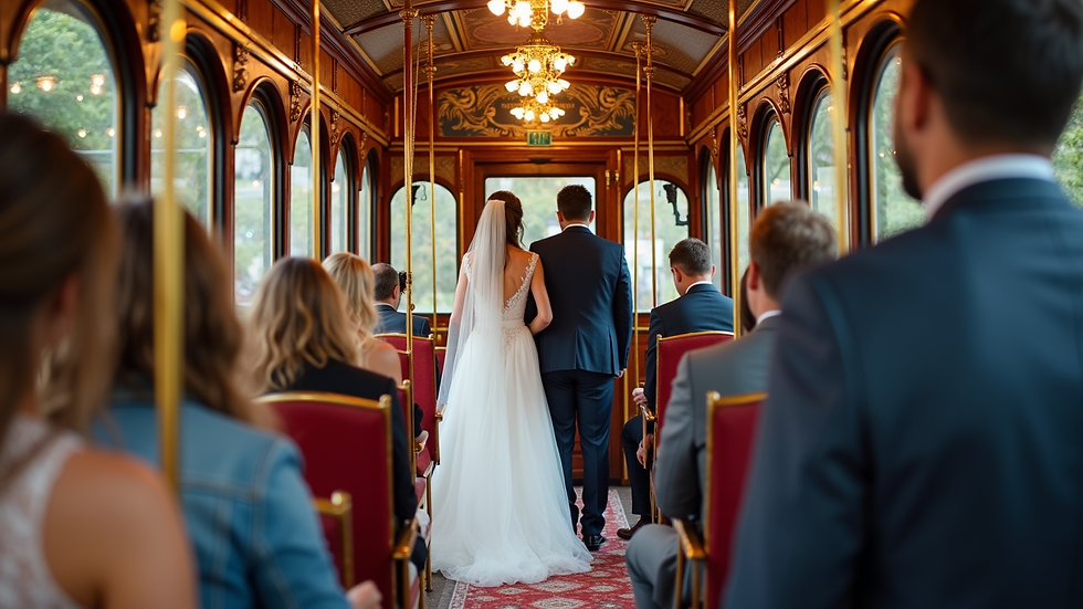Close-up view of a wedding party boarding a decorated trolley