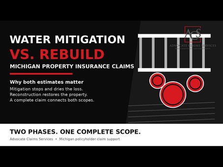 Water mitigation versus rebuild guide for Michigan property insurance claims, using the official Advocate Claims Services logo.