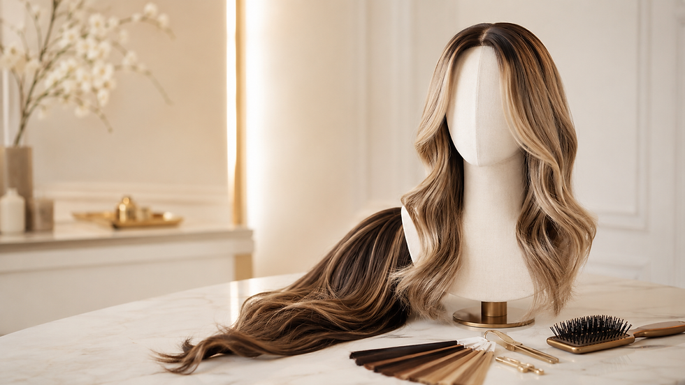 Luxury human hair wig displayed in a refined salon setting