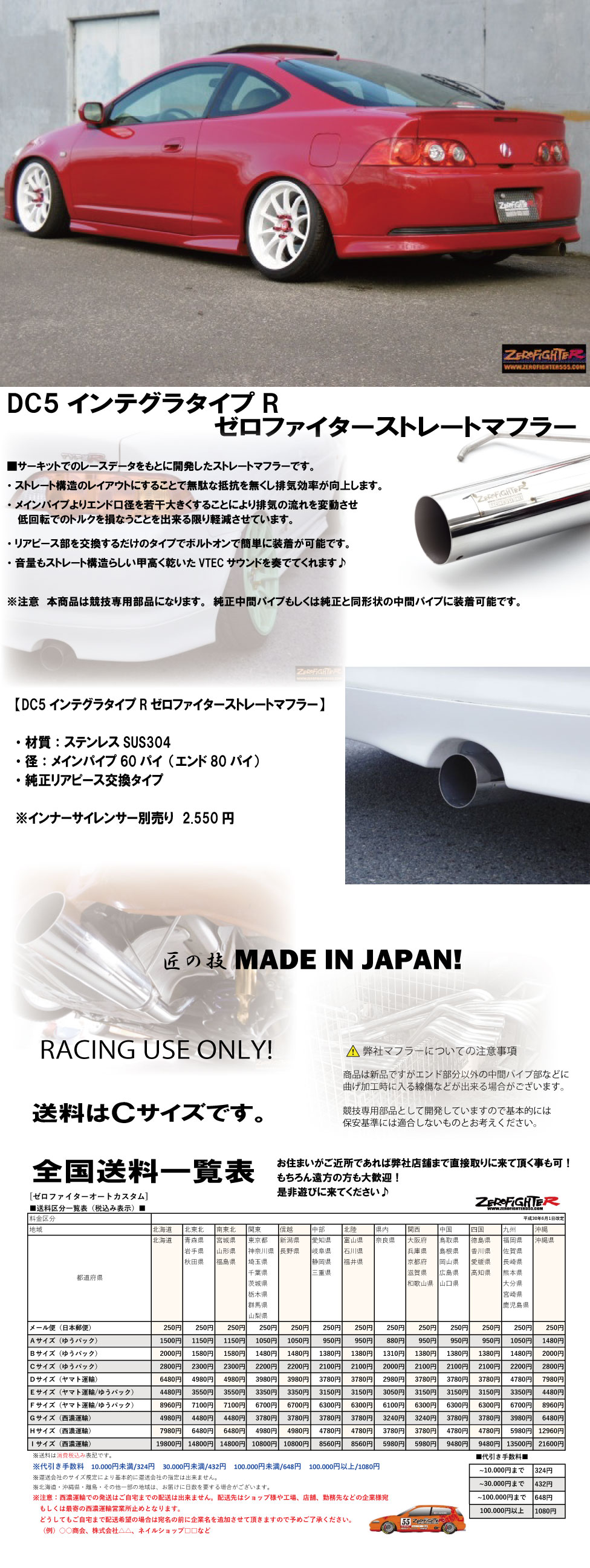 送料C☆DC5インテグラタイプRゼロファイター リアピースステンレス