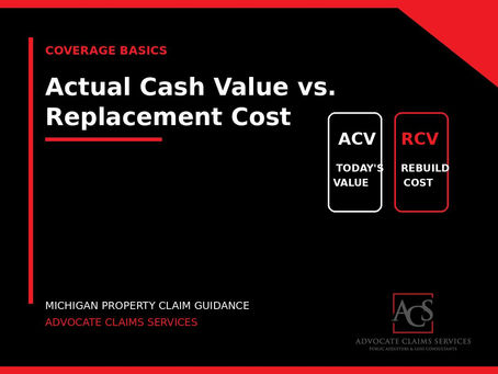 Fire-damaged home with property insurance claim documents illustrating ACV and replacement cost coverage