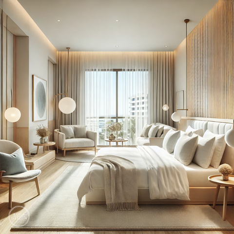 This room is dominated by modern and minimalist lines, offering a soft combination of beige and blue tones. The large windows maximize both the view and the intake of natural light. The elegant details used in the headboard create a simple yet chic atmosphere throughout the room. Enriched with wooden and marble details, this room offers guests a comfortable and aesthetically pleasing experience.