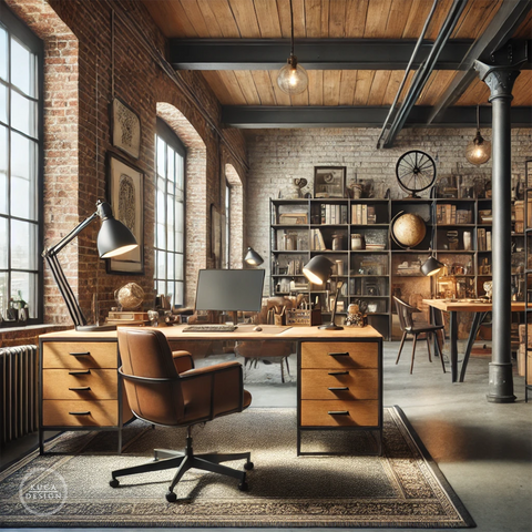 The study room features a more formal design in this concept, with rich wood finishes and tailored furnishings. The space is designed to inspire productivity and focus while maintaining an elegant aesthetic.