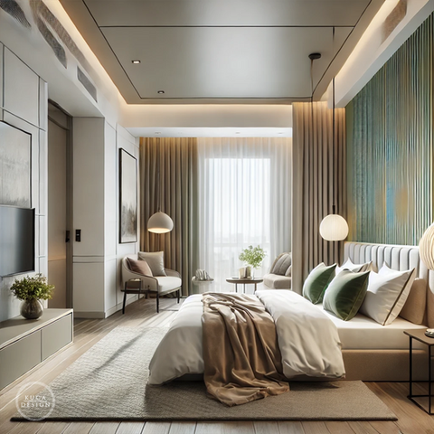 This room’s design revolves around the soothing contrast between green and beige. The use of natural materials and soft lighting adds depth and character, making it an ideal space for those seeking a peaceful and rejuvenating environment.