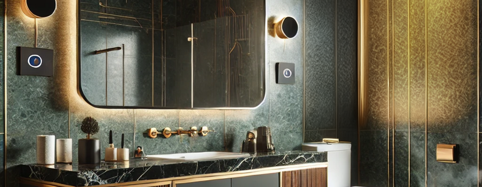 This image presents a perfect example of luxury and sophistication in modern bathroom design. The dark green marble floors and walls, combined with gold-plated fixtures, give the space an elegant and opulent atmosphere. The large mirror with integrated lighting makes the area appear more spacious and bright, while the dark wood cabinetry adds warmth and depth. The minimalist design elements in the bathroom complement the space in a modern and refined manner. The gold accents create a luxurious ambiance, while the quality of the materials used adds timeless elegance to the bathroom. This design demonstrates how functional and aesthetic elements can be flawlessly combined to create a space that exudes both luxury and modernity.