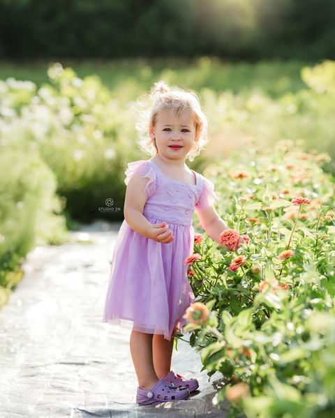 toddler girl in purple dress picking flowers in a garden