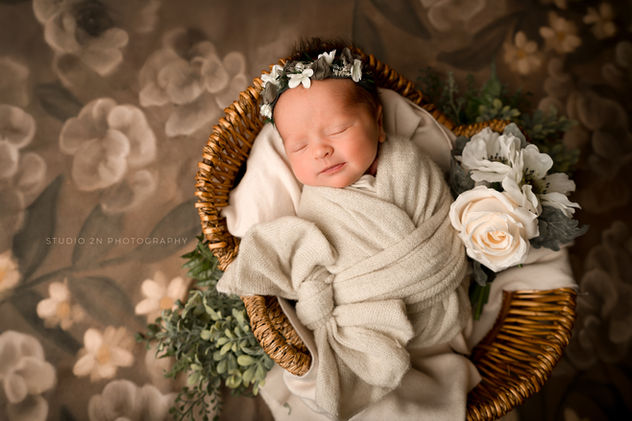 tan floral background with infant girl swaddled in a wicker basket with florals