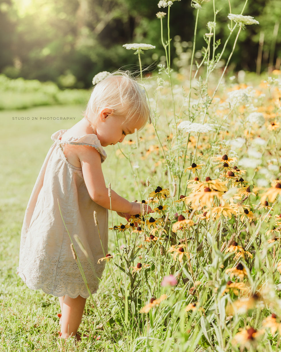 toddler girl with blonde hair in a tan dress picking wild flowers