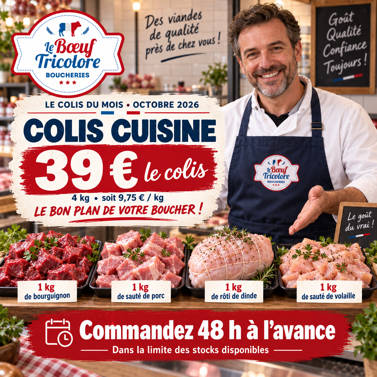Le Colis Cuisine, 4 kg : bœuf bourguignon, sauté de porc, rôti de dinde, sauté de volaille